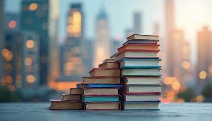 Stack of colorful books arranged like staircase leads toward bright cityscape. Represents literacy, education promotion, cognitive skill development. Essential for understanding, learning, cultural