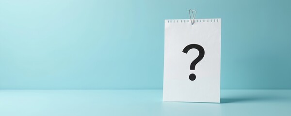 Question mark symbol on white paper against bright blue background. Simple graphic represents query, curiosity, thought, idea. Clean design, minimalist concept for brainstorming, problem solving,