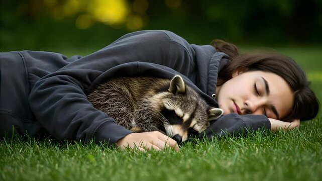 A raccoon snuggles up with a sleeping woman under a hoodie in a forest