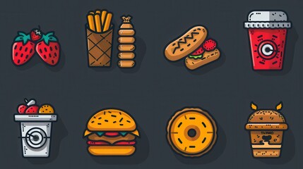 Cartoon-style food icons burger, fries, hotdog, donut, coffee, and strawberries on a dark background