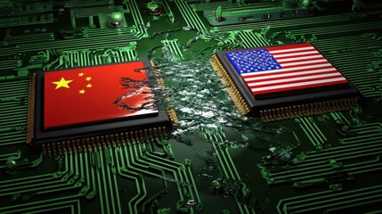 Computer Circuit Boards with China and United States Flags Microchips Electronic Components Technology Innovation Digital Data Processing