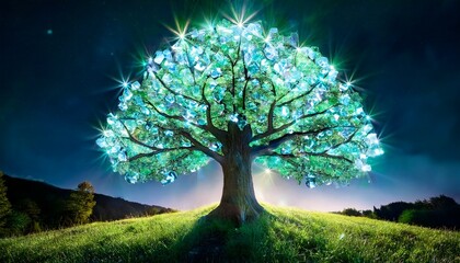 a magical tree featuring radiant glowing crystals in place of conventional green leaves