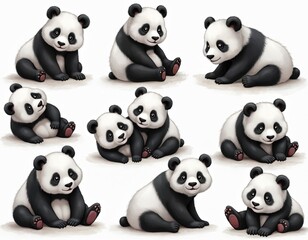 Collection of nine adorable pandas in various poses, illustrated in black, white. Includes pandas sitting, lying, standing, fluffy, cuddly animals. Monochrome drawing perfect for design elements,