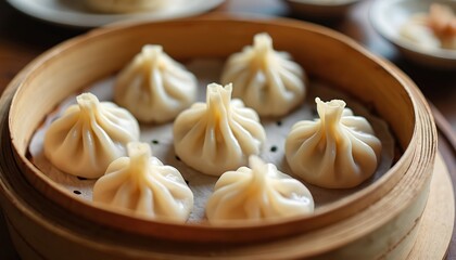 Steamed xiao long bao dumplings served hot in traditional bamboo steamer. Soft, pleated dough encases juicy filling. Handmade, delicious dim sum savory Asian delicacy perfect for restaurants home