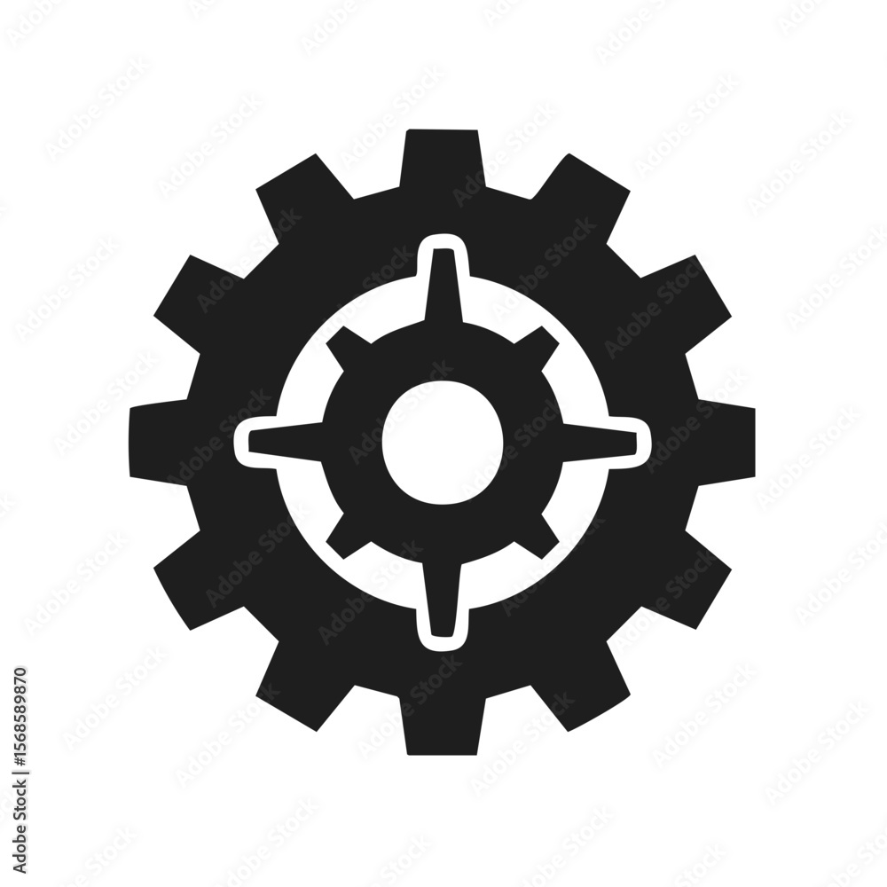 Poster isolated graphic of a single gear with inner mechanism on a black background showing technical preci