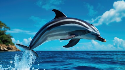Fototapeta premium Striped Dolphin Jumping Outside The Blue Sea with Empty Copy Space For Text