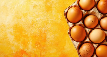 Brown Chicken Eggs in Carton on Yellow Background