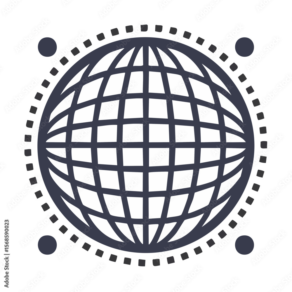 Poster global network sphere with dotted outline and corner nodes for connection and communication
