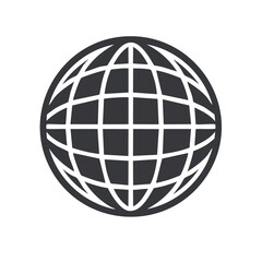 Gray globe icon with grid, technology concept and global network symbol isolated on black background