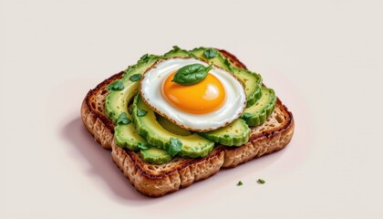 Toasted whole grain bread topped with sliced avocado and a sunny side up egg garnished with fresh basil leaves for a healthy breakfast meal