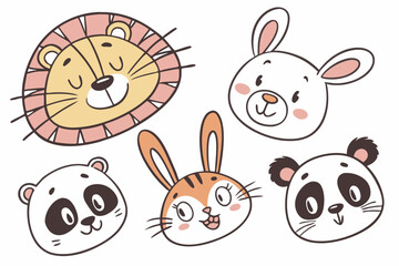 Fototapeta premium Cute Animal Faces Clip Art — Cartoon Heads of Cats, Dogs, Bears, Lions & Jungle Animals for Kids’ Decor and Learning