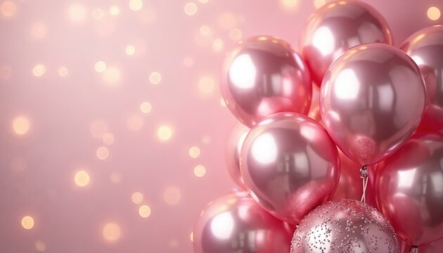 Festive pink balloons, sparkling bokeh lights create joyful background for celebrations. Metallic, glossy, light pink balloons add touch of glamour to events like birthdays, anniversaries, weddings,