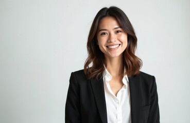 Portrait of smiling young businesswoman in black suit, white shirt, isolated on white background. She has confident, friendly expression, looking directly at camera with successful, pro demeanor.