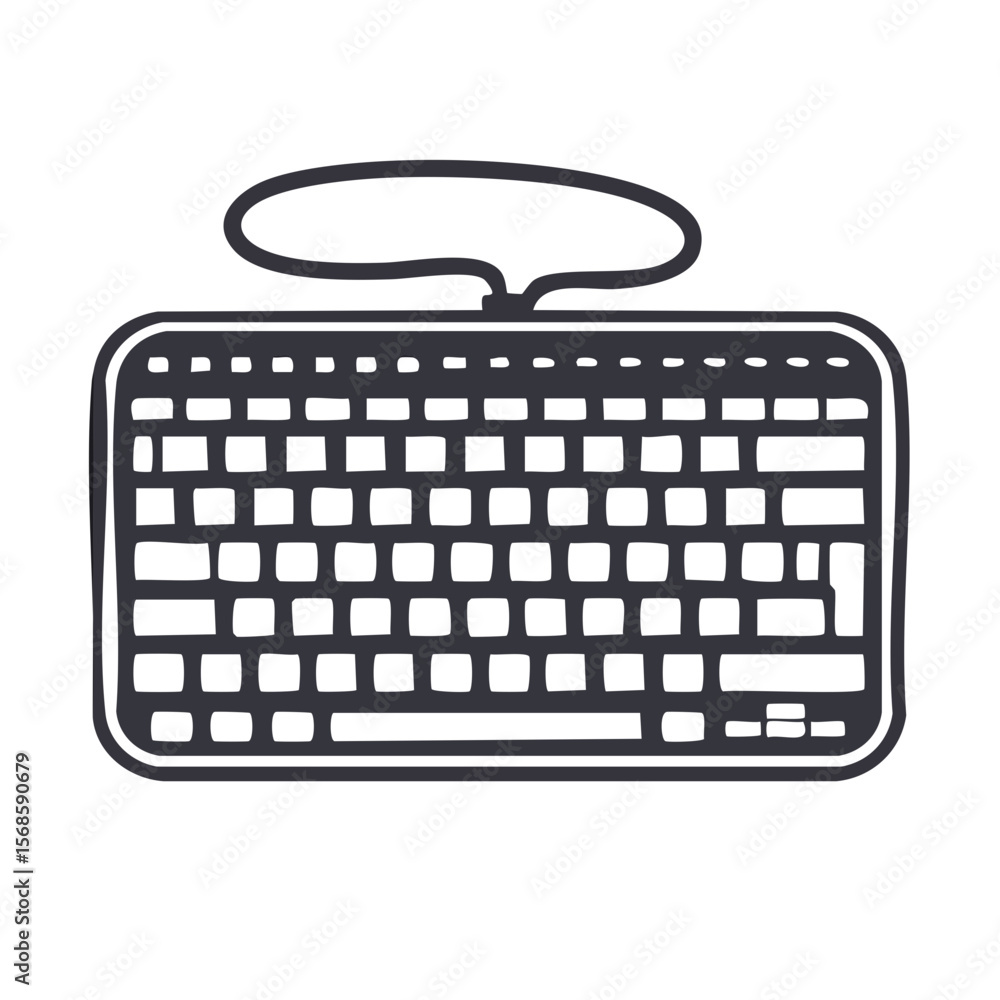Poster doodle style computer keyboard isolated on black background for technology illustration or hand draw