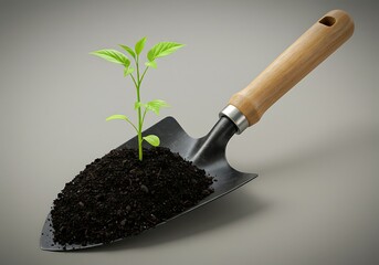 gardening shovel full of soil, with a small plant sprouting in the center, neutral background, natural lighting, realistic style.