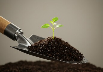gardening shovel full of soil, with a small plant sprouting in the center, neutral background, natural lighting, realistic style.