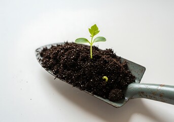 gardening shovel full of soil, with a small plant sprouting in the center, neutral background, natural lighting, realistic style.