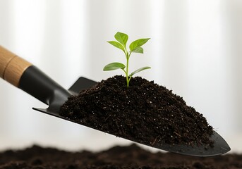 gardening shovel full of soil, with a small plant sprouting in the center, neutral background, natural lighting, realistic style.
