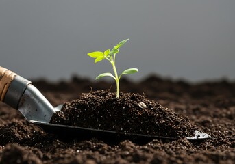 gardening shovel full of soil, with a small plant sprouting in the center, neutral background, natural lighting, realistic style.