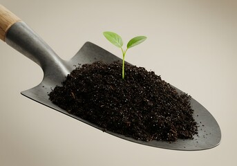 gardening shovel full of soil, with a small plant sprouting in the center, neutral background, natural lighting, realistic style.