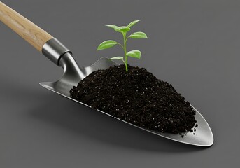 gardening shovel full of soil, with a small plant sprouting in the center, neutral background, natural lighting, realistic style.