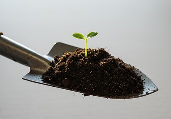 gardening shovel full of soil, with a small plant sprouting in the center, neutral background, natural lighting, realistic style.