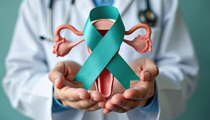 Doctor holds teal ribbon with uterus, ovaries model, Cervical Cancer Awareness month. Focuses on reproductive health, women oncology, disease prevention. Medical support for uterine health, ovarian