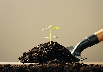 gardening shovel full of soil, with a small plant sprouting in the center, neutral background, natural lighting, realistic style.