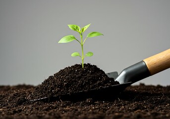 gardening shovel full of soil, with a small plant sprouting in the center, neutral background, natural lighting, realistic style.