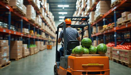 Worker operates forklift in vast warehouse stocked with produce. Man in hard hat moves watermelons, other fresh food items. Efficient logistics and supply chain in bustling distribution center.