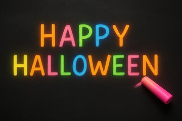 Obraz premium Colorful happy halloween neon chalk text on dark background. concept of halloween celebration, festive greeting, vibrant holiday decor
