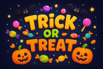 Fototapeta premium Colorful halloween scene with pumpkins, candy, and bats celebrating trick or treat night. concept of halloween fun, festive decor, and spooky celebration