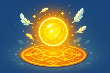 Fototapeta premium Magical circle with glowing orb and feathers - illuminated fantasy illustration in blue setting. concept of magic, mystery, enchantment, halloween