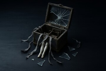 Dark antique music box with broken mirror and porcelain ballerina doll legs. Concept of horror, broken toy, eerie Halloween scene, ghostly presence, surreal fear