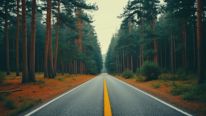 Fototapeta premium Quiet road in the middle of a pine forest with empty copy space for text