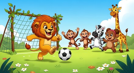 Adorable Animals Playing Soccer Lion, Monkeys, Zebra, and Giraffe Cartoon Illustration