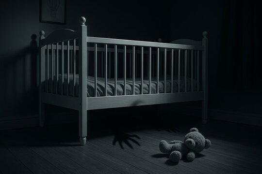 Dark nursery with creepy monster shadow reaching from under baby crib and teddy bear on floor. Concept of childhood fear, spooky night terror, Halloween horror scene