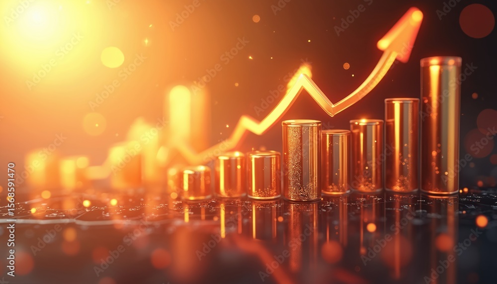 Poster golden bar chart with rising arrow shows financial growth. clean design with bokeh effect background