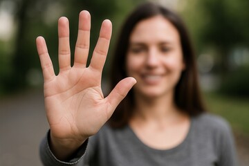 Woman holding open palm towards camera with a blurred face in an outdoor setting. concept of communication, gesture, connection
