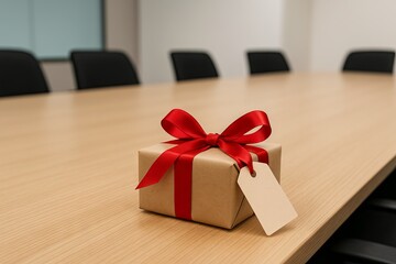 Gift wrapped in red ribbon with tag on wooden table in office conference room. concept of corporate present, business gift exchange, office celebration, copy space
