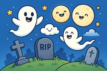 Cartoon ghosts frolicking in a spooky night with full moons and stars in a cemetery setting. concept of fun halloween illustration, ghostly figures, nighttime adventure.