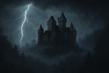 Naklejka premium Mysterious castle in a stormy fog with lightning in the night sky. concept of gothic architecture, thunderstorm atmosphere, dark fantasy scene