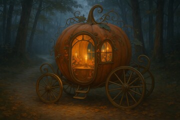 Enchanted pumpkin carriage in a mysterious forest with glowing candlelight. concept of magical fantasy, autumn adventure, fairy tale journey