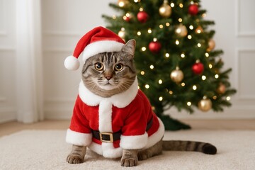 Cute cat in santa suit posing by christmas tree with ornaments in cozy holiday setting. concept of festive pet photography, christmas celebration, adorable kitty