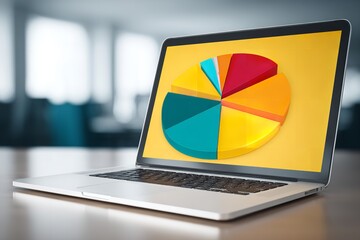 Colorful pie chart displayed on a laptop screen in a modern office environment during a daytime meeting