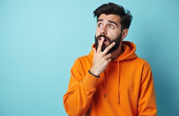 Young man with beard whispers secret, biting finger. Wears orange hoodie against blue background, looking aside with intrigued expression. Suitable for concepts like gossip, surprise, sharing