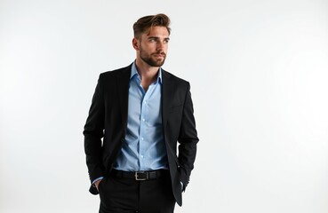 Fototapeta premium Young caucasian businessman in black suit, blue shirt stands with hands in pockets against white studio background. Confident, stylish man looks aside, suggesting focused thought business