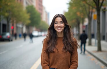 Fototapeta premium Young hispanic woman smiling happily on city street. Wears casual brown sweater, long, dark hair. Urban background features trees, buildings, blurred pedestrians, creating vibrant street life