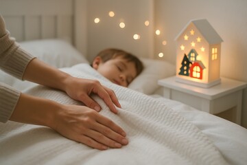 Mother tucking in sleeping boy with white blanket in cozy Christmas decorated bedroom with glowing night lights. Concept of peaceful childhood, winter bedtime routine, holiday atmosphere