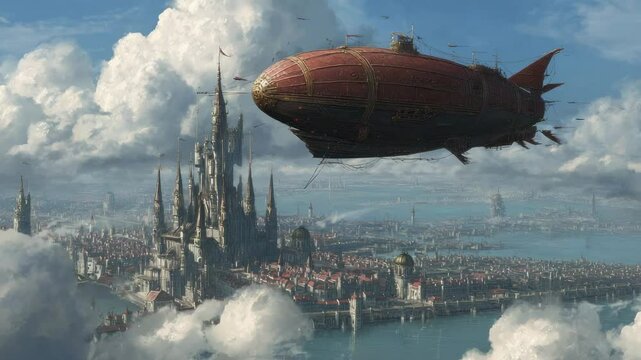 Floating city and airship fantasy scene